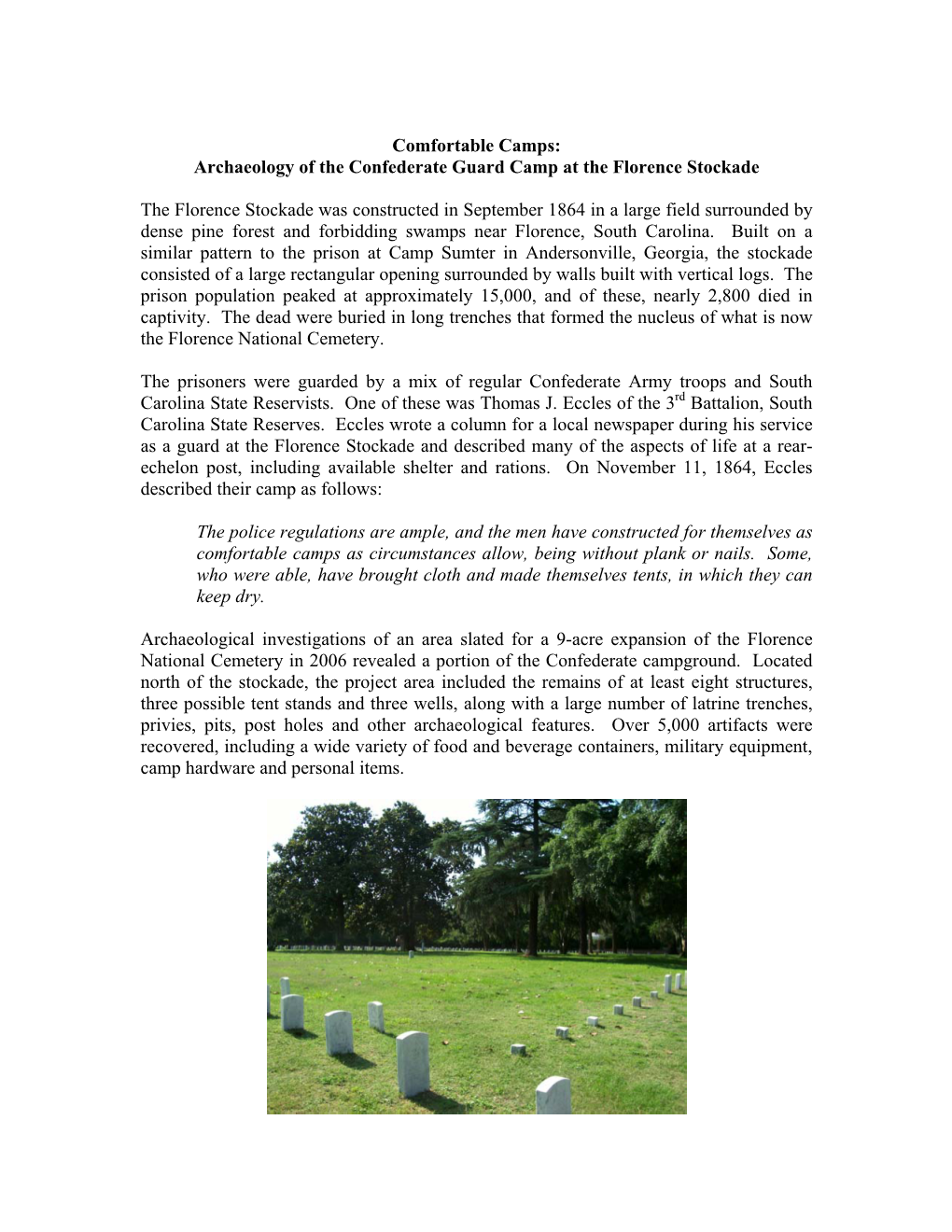 Comfortable Camps: Archaeology of the Confederate Guard Camp at the Florence Stockade