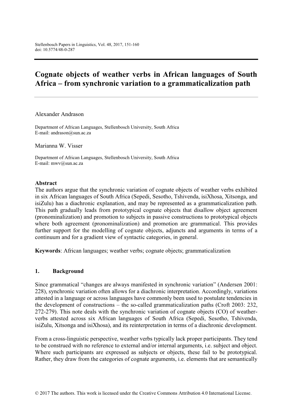 Cognate Objects of Weather Verbs in African Languages of South Africa – from Synchronic Variation to a Grammaticalization Path