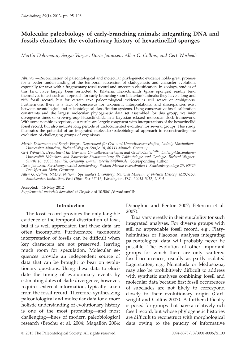 Integrating DNA and Fossils Elucidates the Evolutionary History of Hexactinellid Sponges