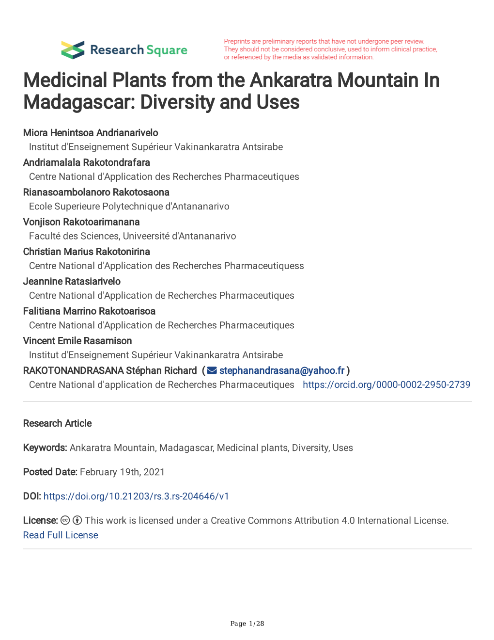 Medicinal Plants from the Ankaratra Mountain in Madagascar: Diversity and Uses