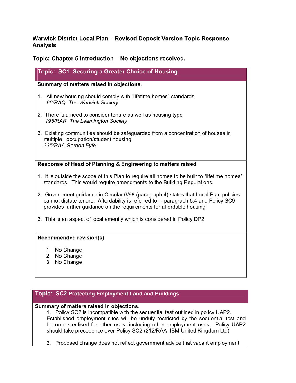 Warwick District Local Plan – Revised Deposit Version Topic Response Analysis