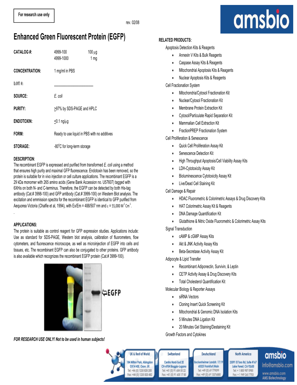 Enhanced Green Fluorescent Protein (EGFP) CATALOG #: #: CATALOG