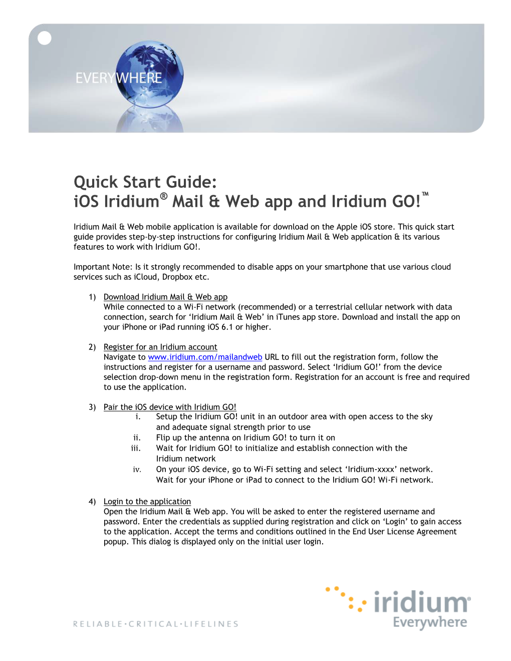 Quick Start Guide: Ios Iridium® Mail & Web App and Iridium GO!™