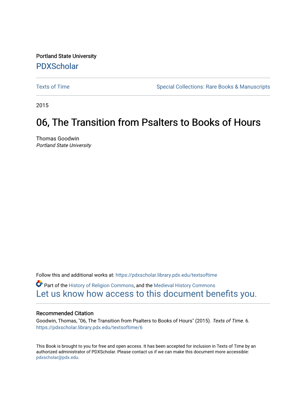 06, the Transition from Psalters to Books of Hours