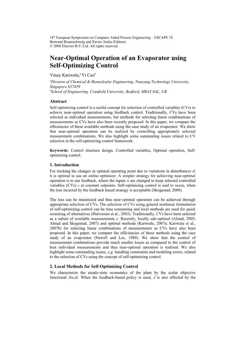 Near-Optimal Operation of an Evaporator Using Self-Optimizing Control