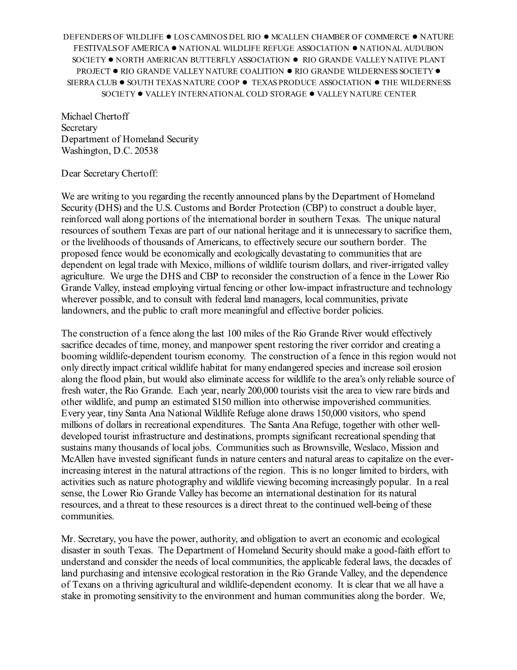 Group Letter to DHS Sec. Chertoff Opposing
