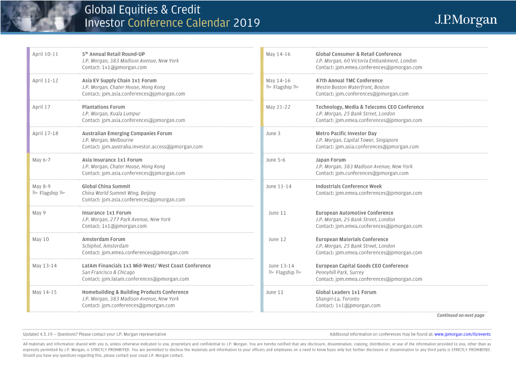 Global Equities & Credit Investor Conference Calendar 2019