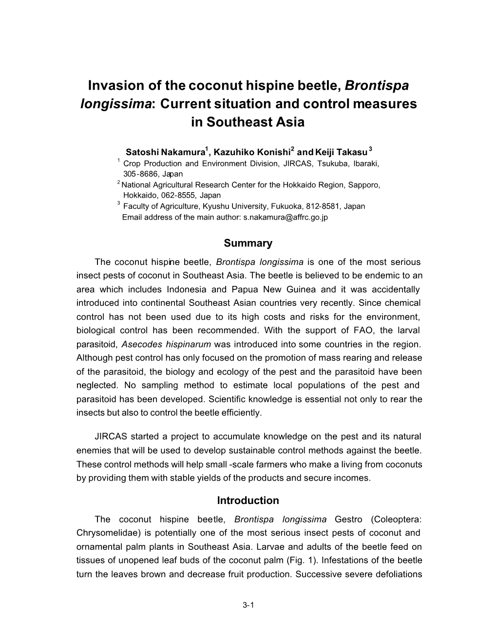 Invasion of the Coconut Hispine Beetle, Brontispa Longissima: Current Situation and Control Measures in Southeast Asia