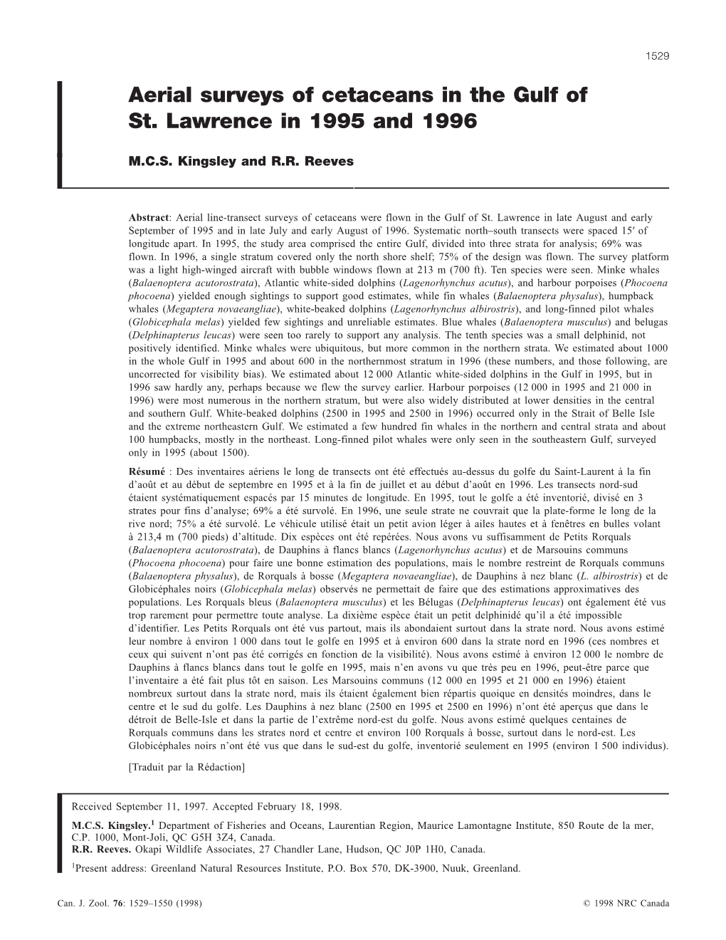 Aerial Surveys of Cetaceans in the Gulf of St. Lawrence in 1995 and 1996