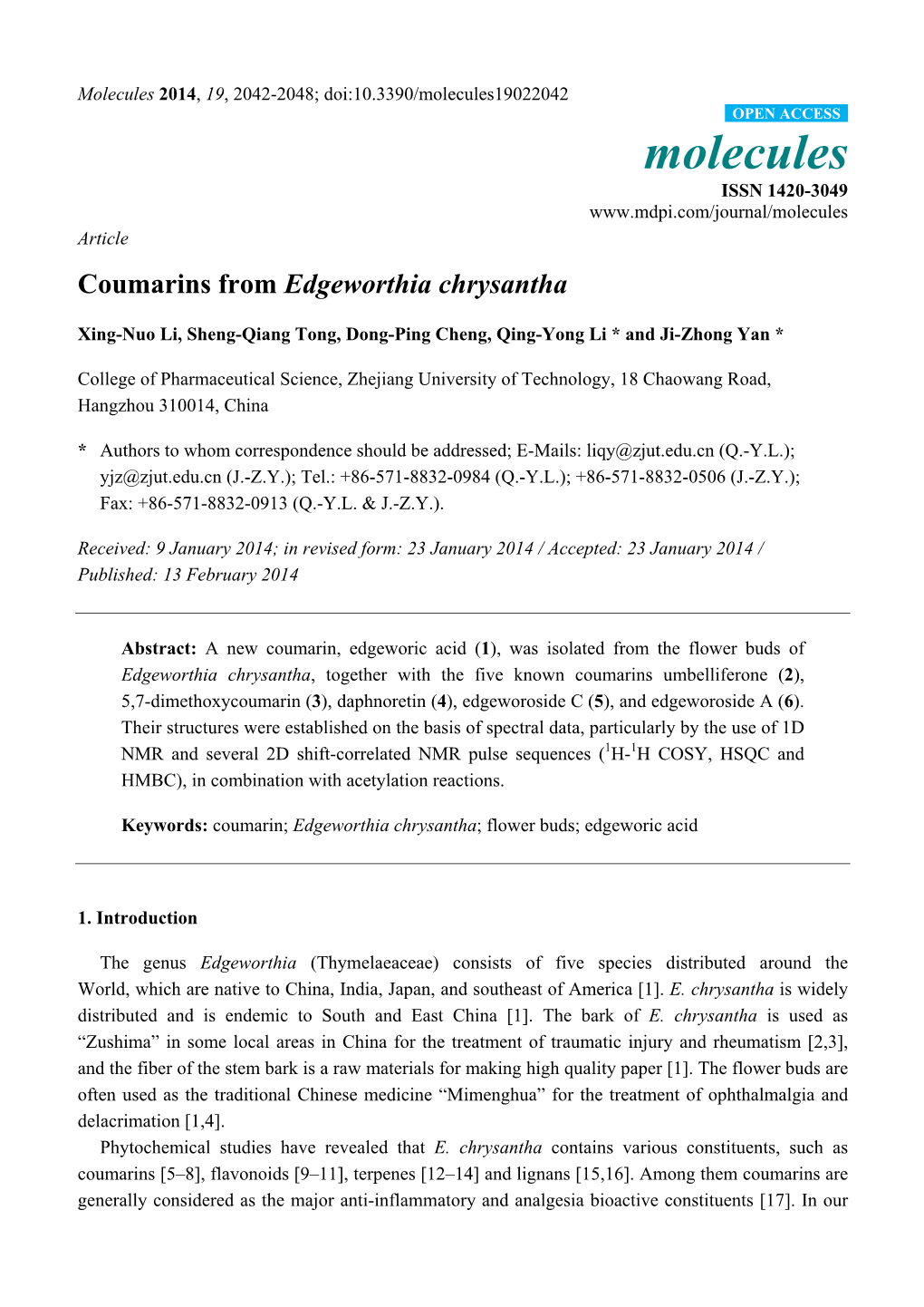 Coumarins from Edgeworthia Chrysantha