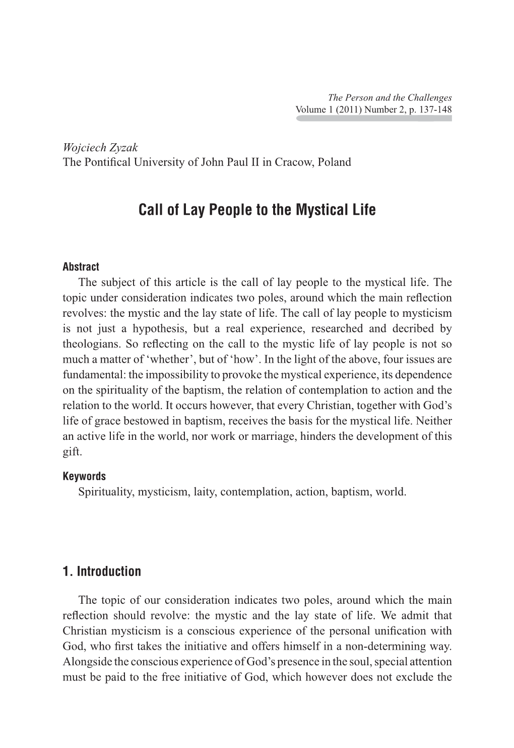 Call of Lay People to the Mystical Life