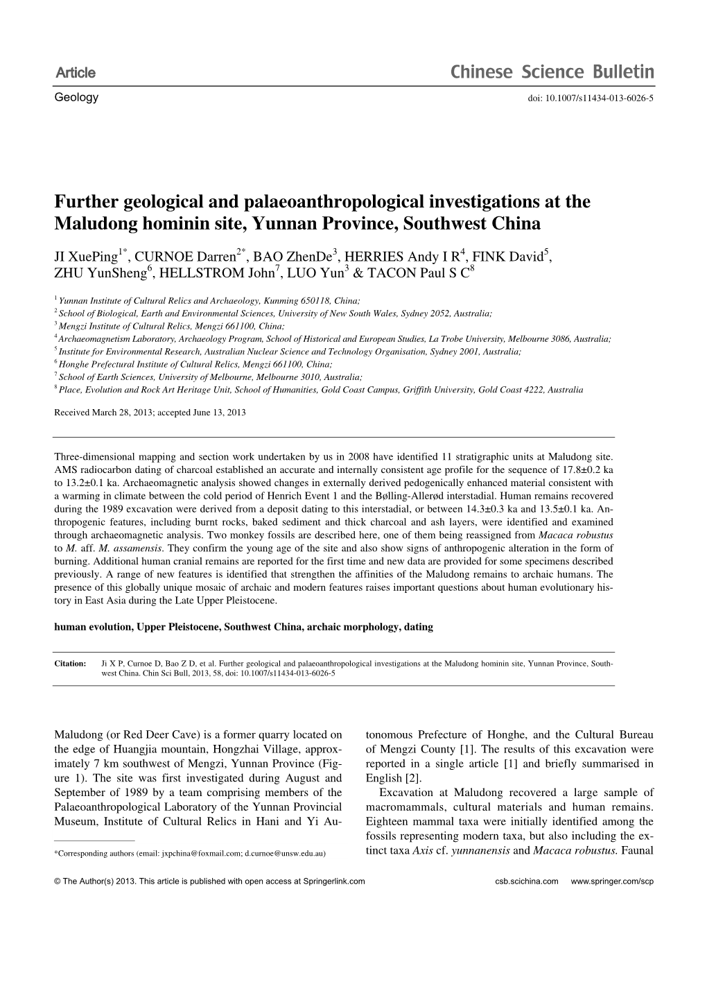 Further Geological and Palaeoanthropological Investigations at the Maludong Hominin Site, Yunnan Province, Southwest China