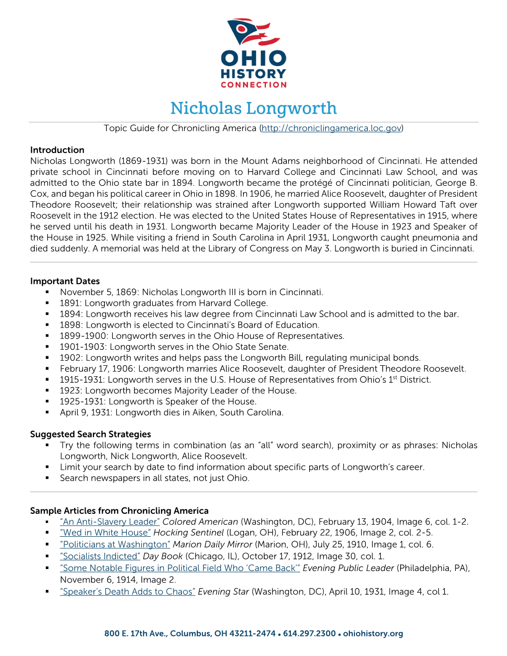 Nicholas Longworth Topic Guide for Chronicling America (