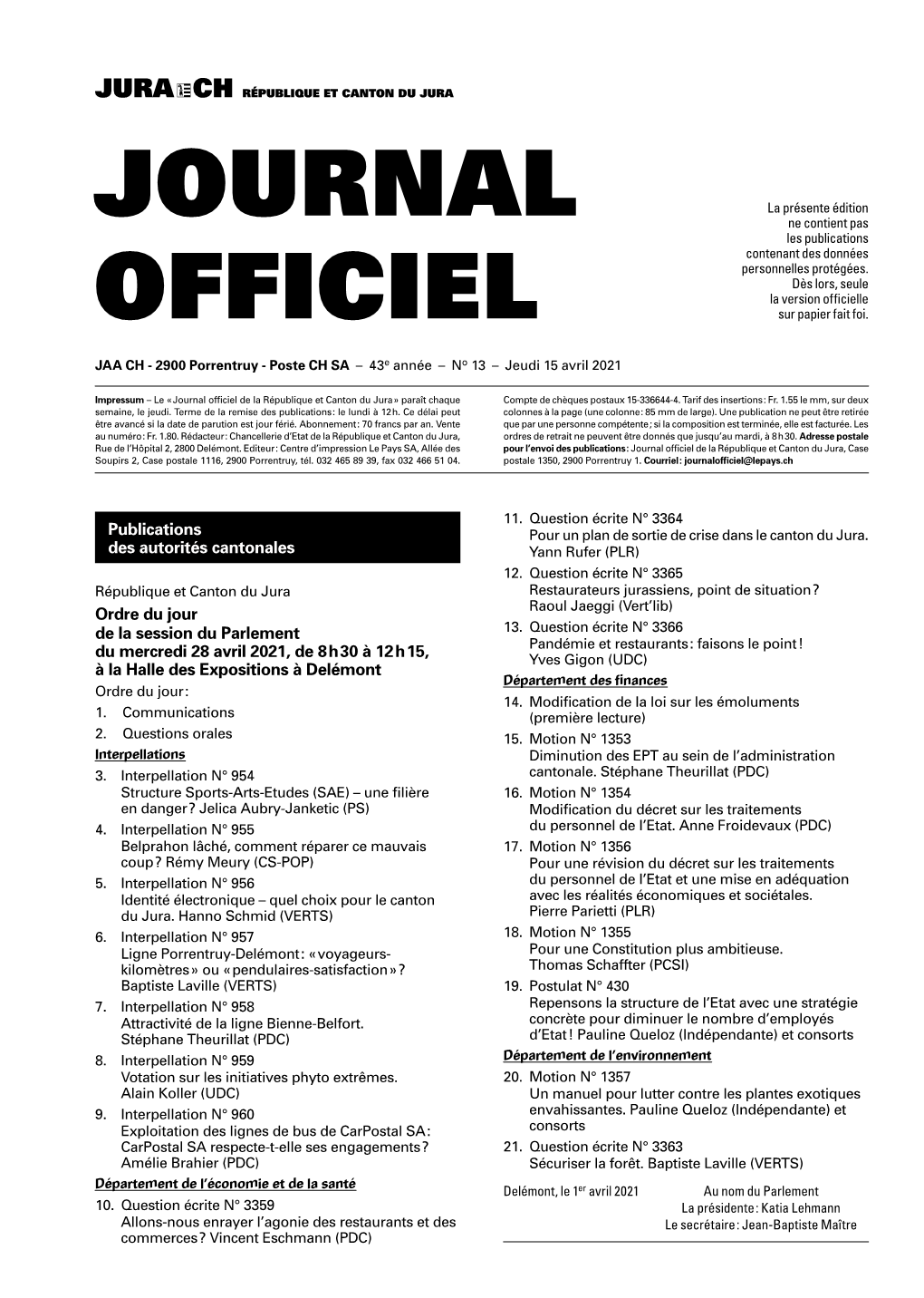 Journal Officiel De La République Et Canton Du Jura » Paraît Chaque Compte De Chèques Postaux 15-336644-4