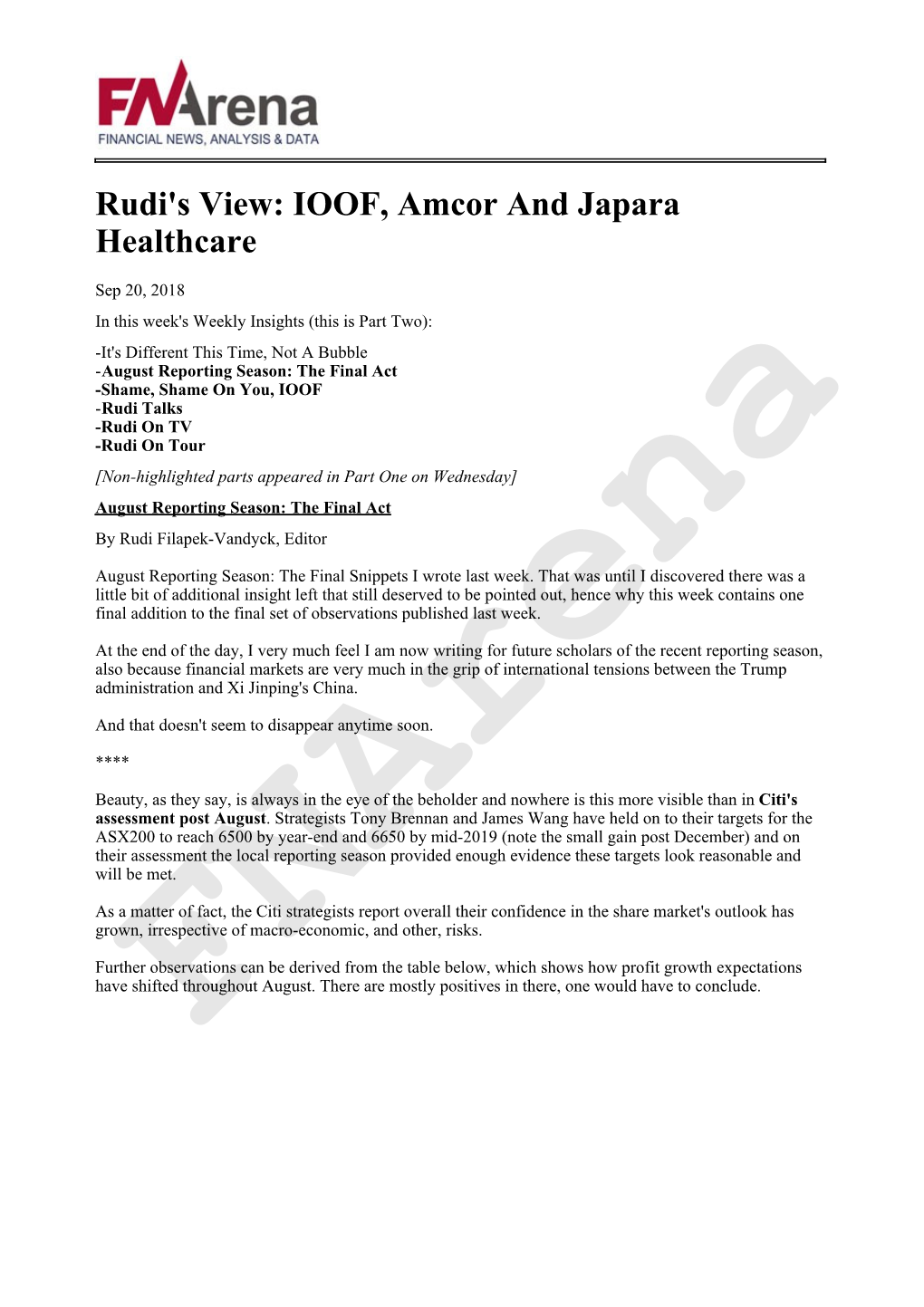 Rudi's View: IOOF, Amcor and Japara Healthcare