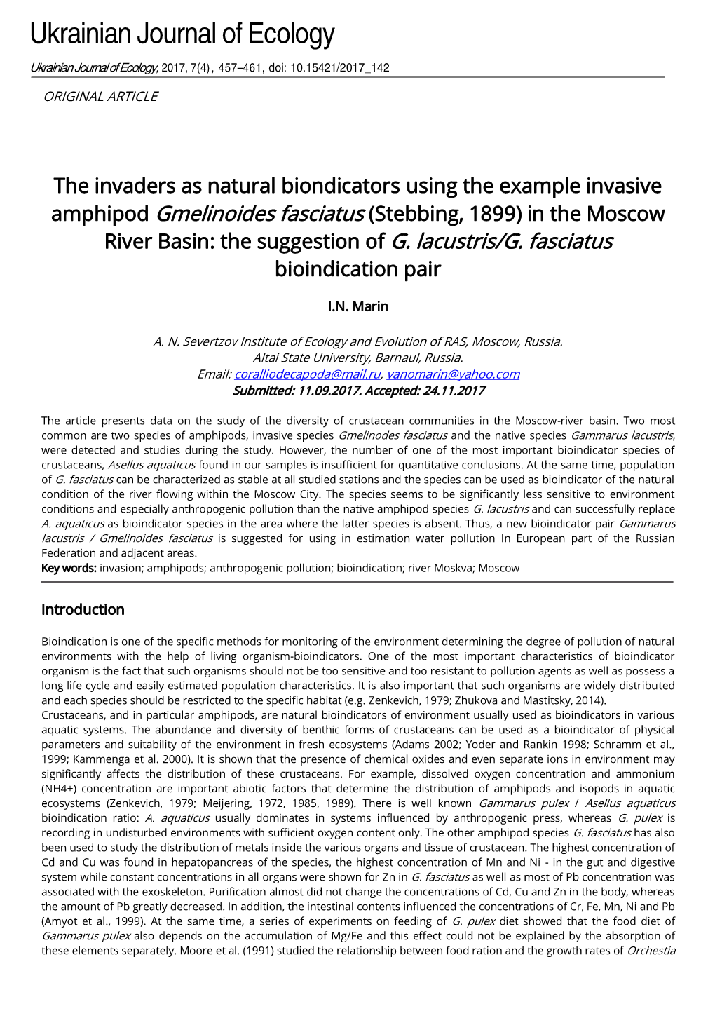 The Invaders As Natural Biondicators Using the Example Invasive Amphipod Gmelinoides Fasciatus (Stebbing, 1899) in the Moscow River Basin: the Suggestion of G