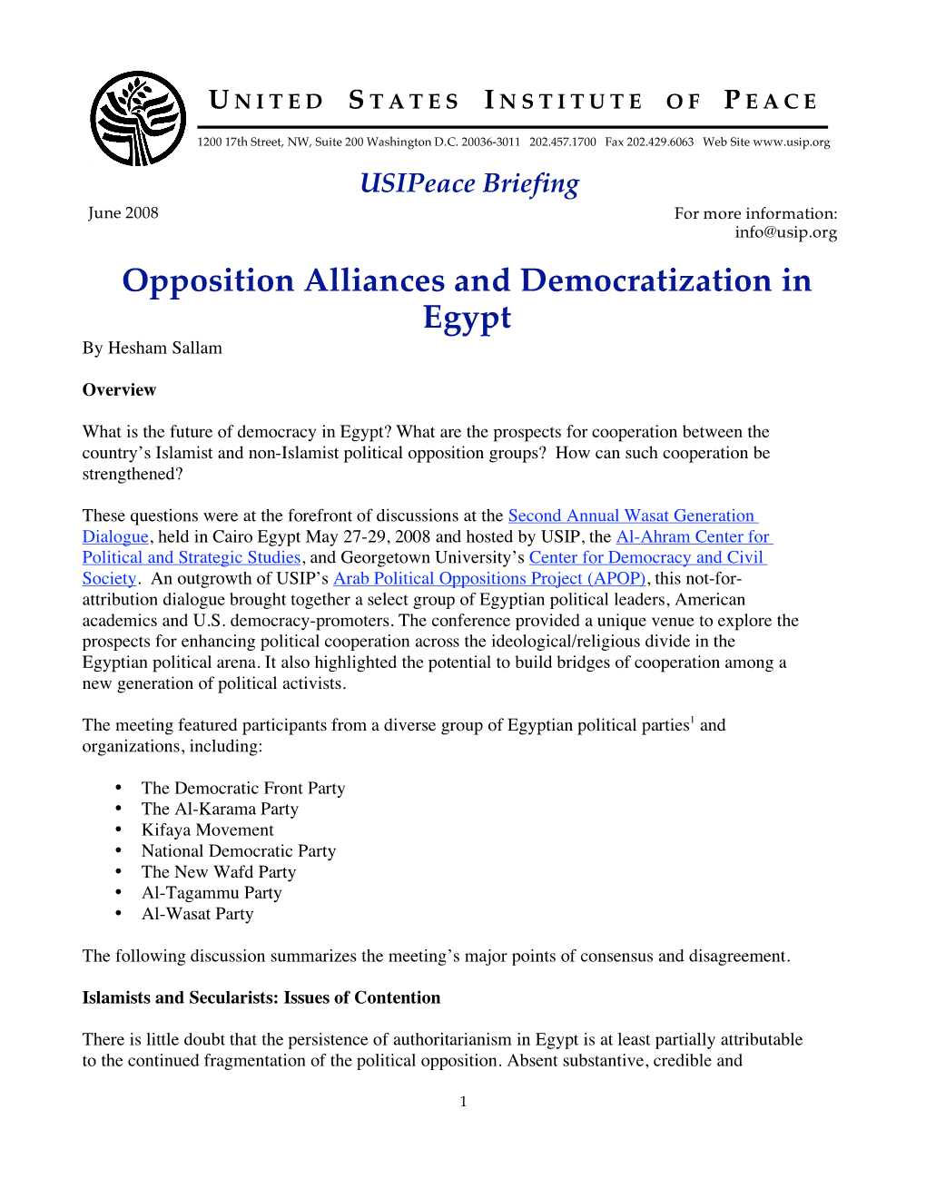 Opposition Alliances and Democratization in Egypt by Hesham Sallam