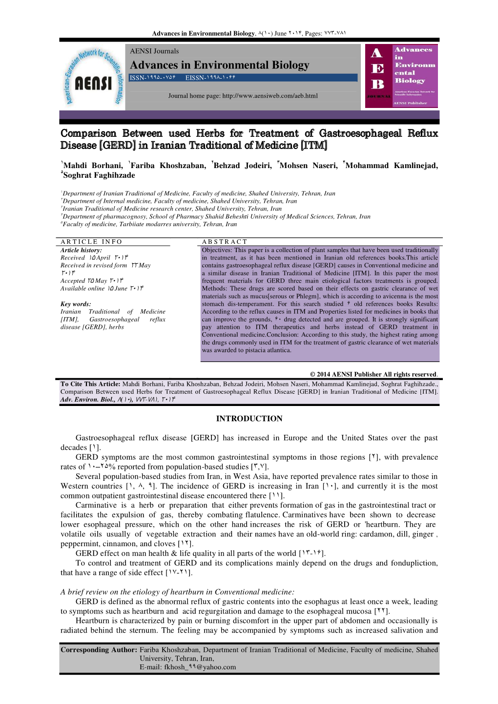 Comparison Between Used Herbs for Treatment of Gastroesophageal Reflux Disease [GERD] in Iranian Traditional of Medicine [I TM]