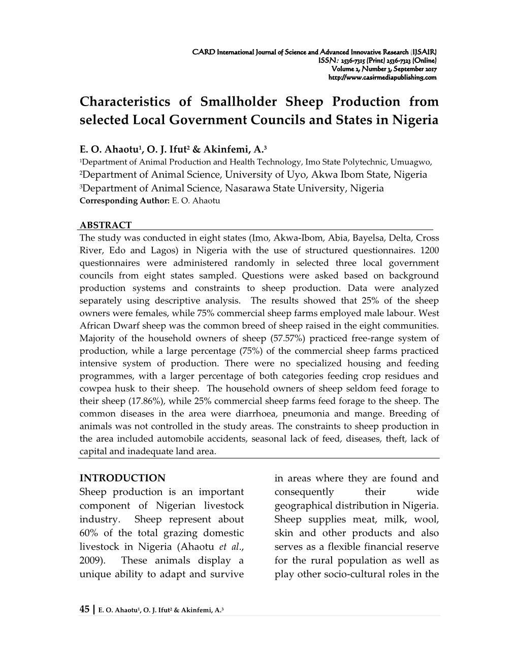 Characteristics of Smallholder Sheep Production from Selected Local Government Councils and States in Nigeria