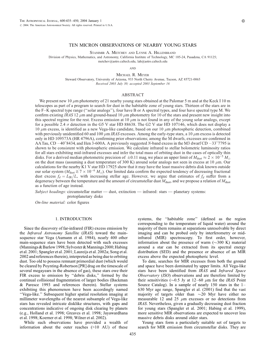 TEN MICRON OBSERVATIONS of NEARBY YOUNG STARS Stanimir A