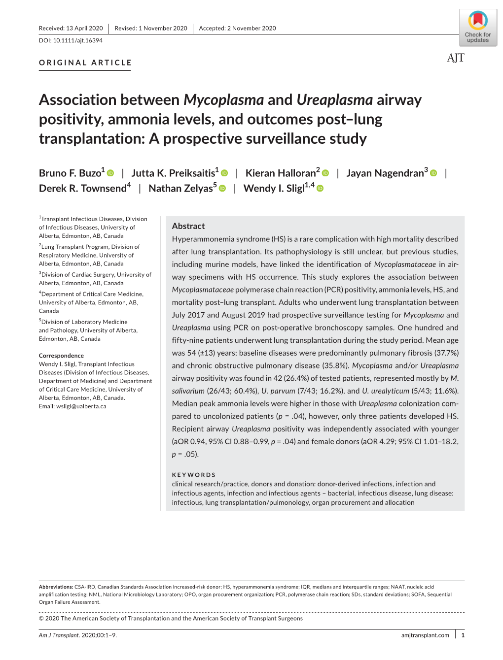 Association Between Mycoplasma and Ureaplasma Airway Positivity, Ammonia Levels, and Outcomes Post–Lung Transplantation: a Prospective Surveillance Study