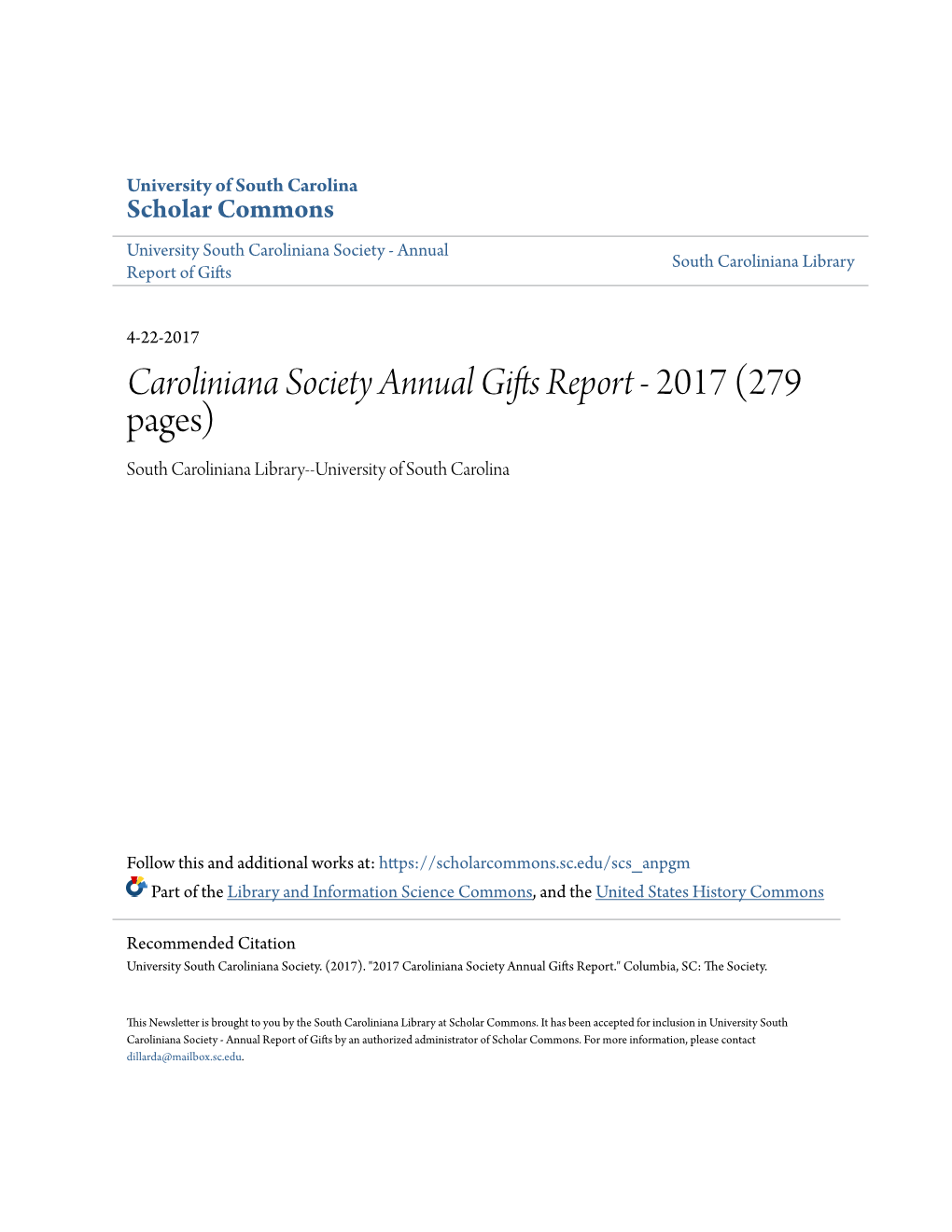 Caroliniana Society Annual Gifts Report - 2017 (279 Pages) South Caroliniana Library--University of South Carolina