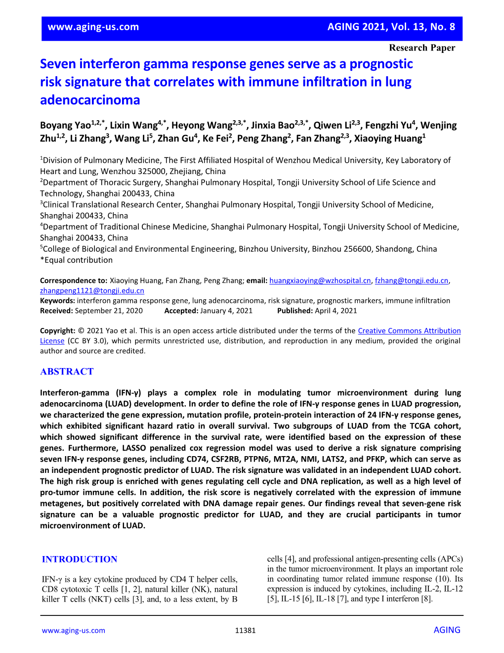 Seven Interferon Gamma Response Genes Serve As a Prognostic Risk Signature That Correlates with Immune Infiltration in Lung Adenocarcinoma