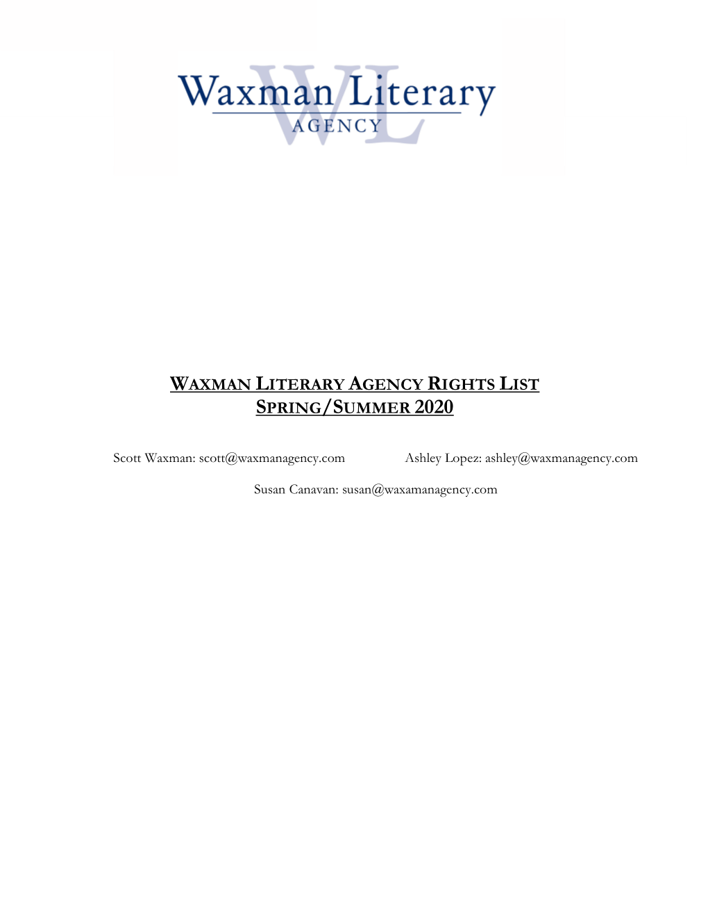 Waxman Literary Agency Rights List Spring/Summer 2020