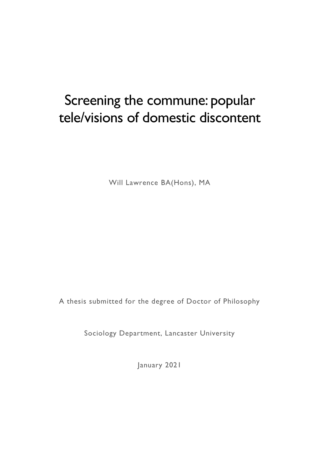 Screening the Commune: Popular Tele/Visions of Domestic Discontent