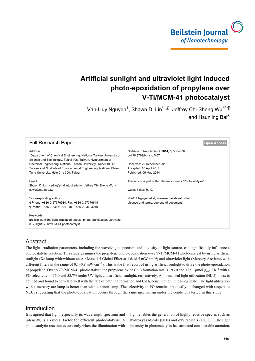 Artificial Sunlight and Ultraviolet Light Induced Photo-Epoxidation of Propylene Over V-Ti/MCM-41 Photocatalyst