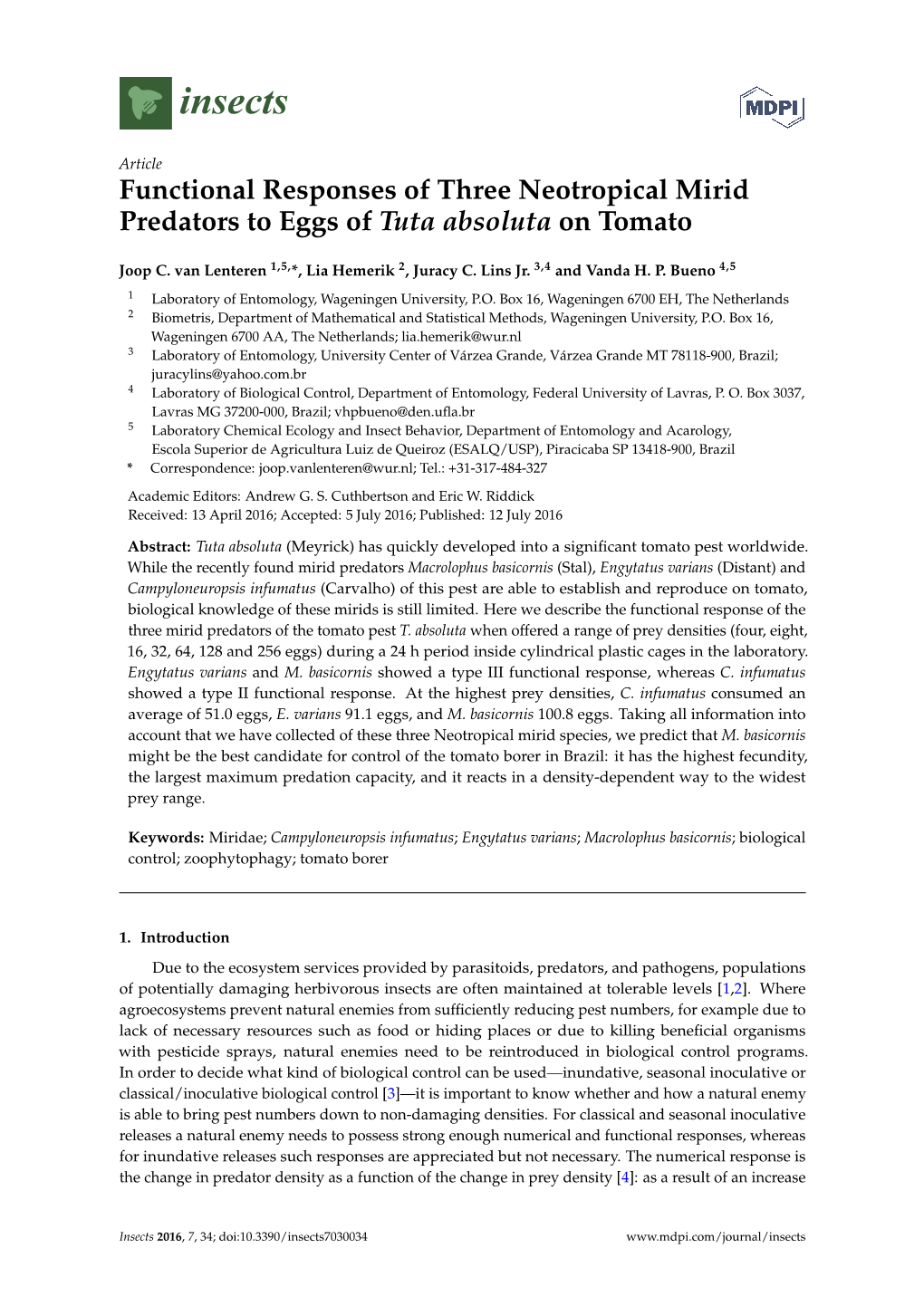 Functional Responses of Three Neotropical Mirid Predators to Eggs of Tuta Absoluta on Tomato