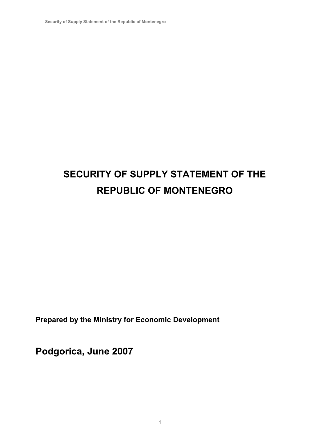 Security of Supply Statement of the Republic of Montenegro