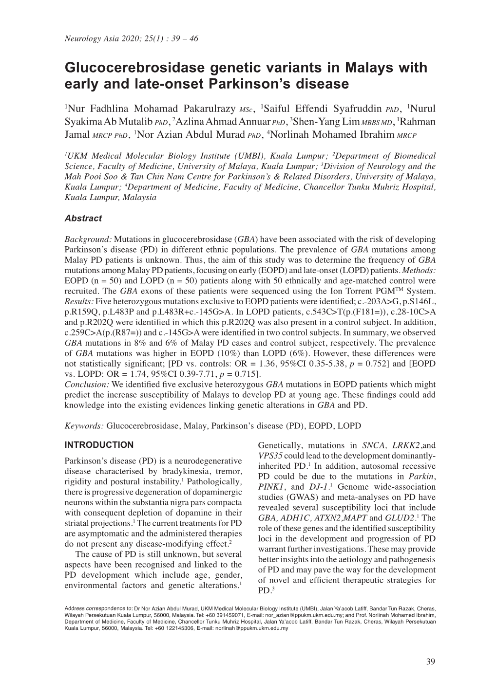 Glucocerebrosidase Genetic Variants in Malays with Early and Late-Onset Parkinson's Disease