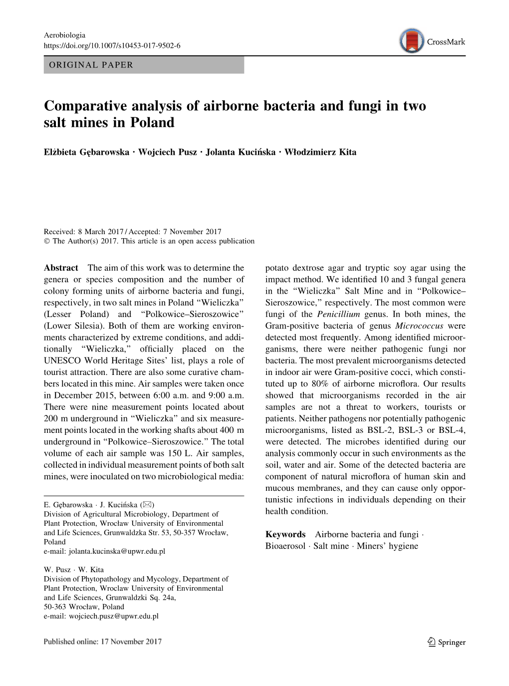 Comparative Analysis of Airborne Bacteria and Fungi in Two Salt Mines in Poland