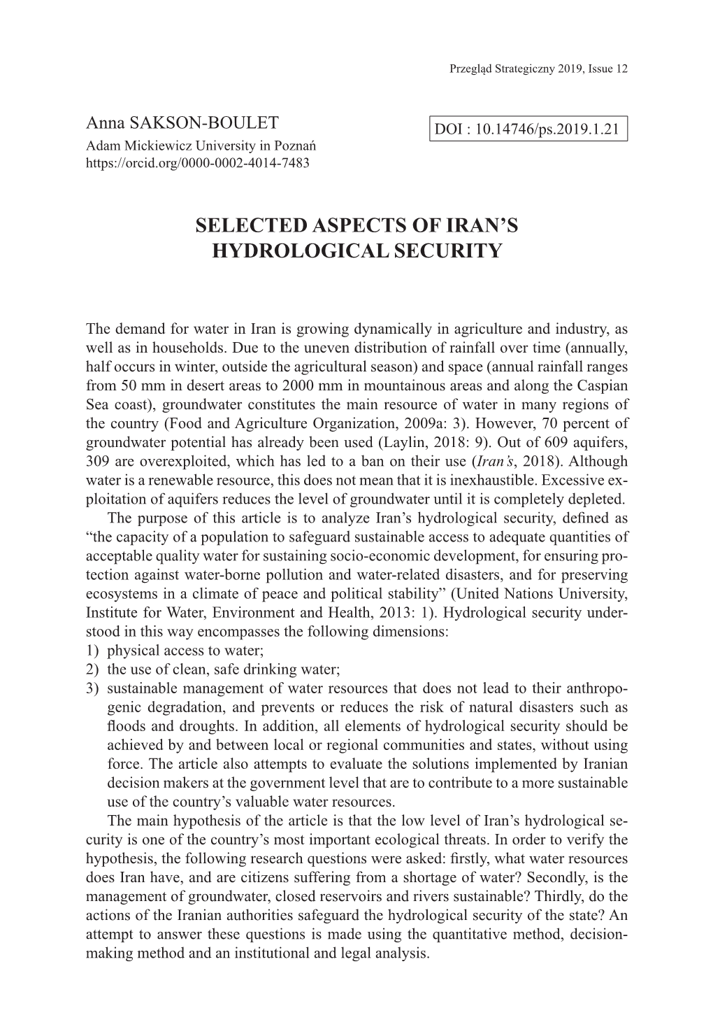 Selected Aspects of Iran's Hydrological Security