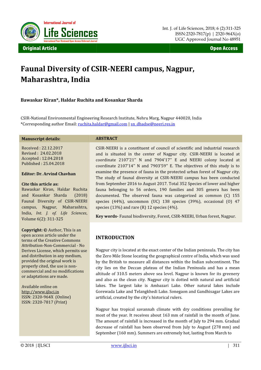 Faunal Diversity of CSIR-NEERI Campus, Nagpur, Maharashtra, India