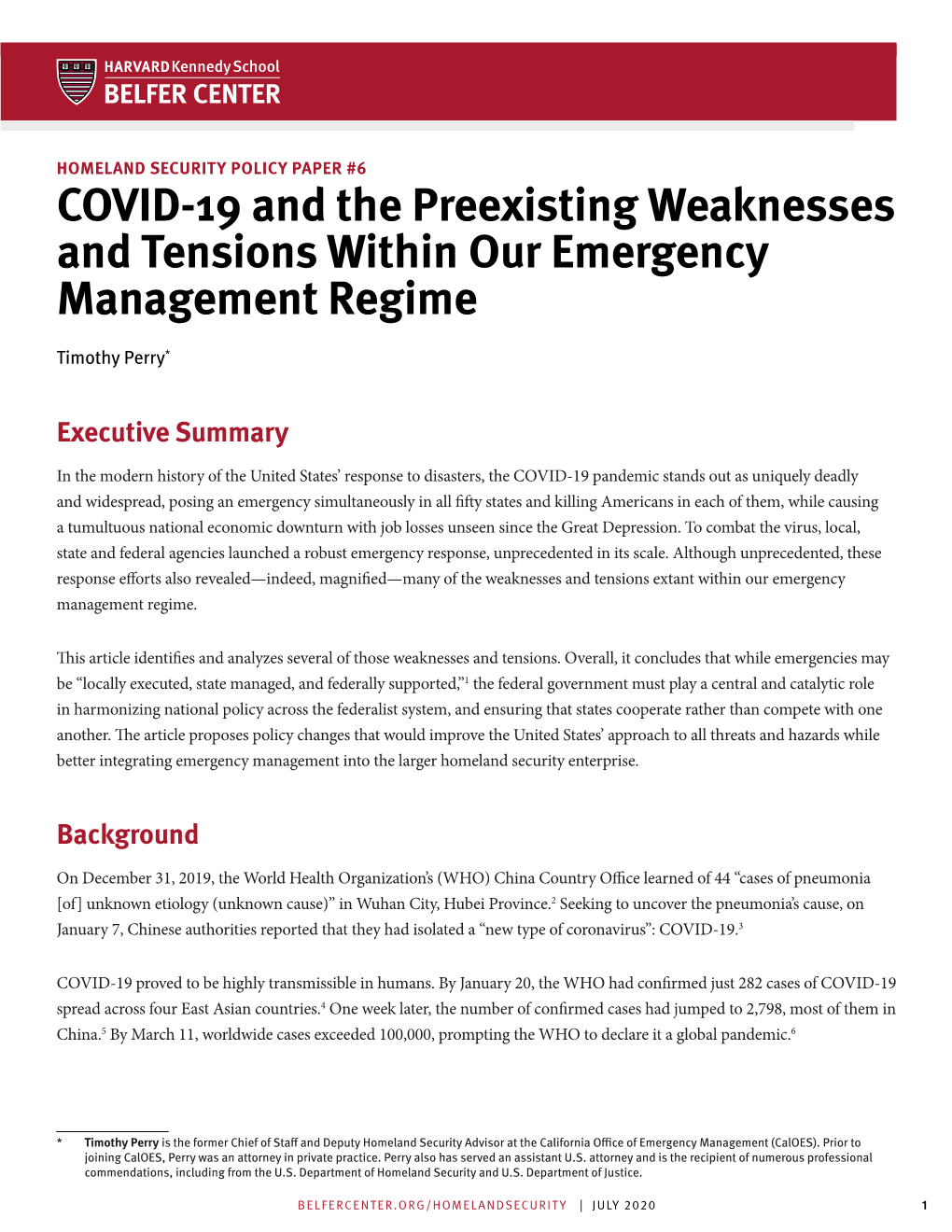COVID-19 and the Preexisting Weaknesses and Tensions Within Our Emergency Management Regime