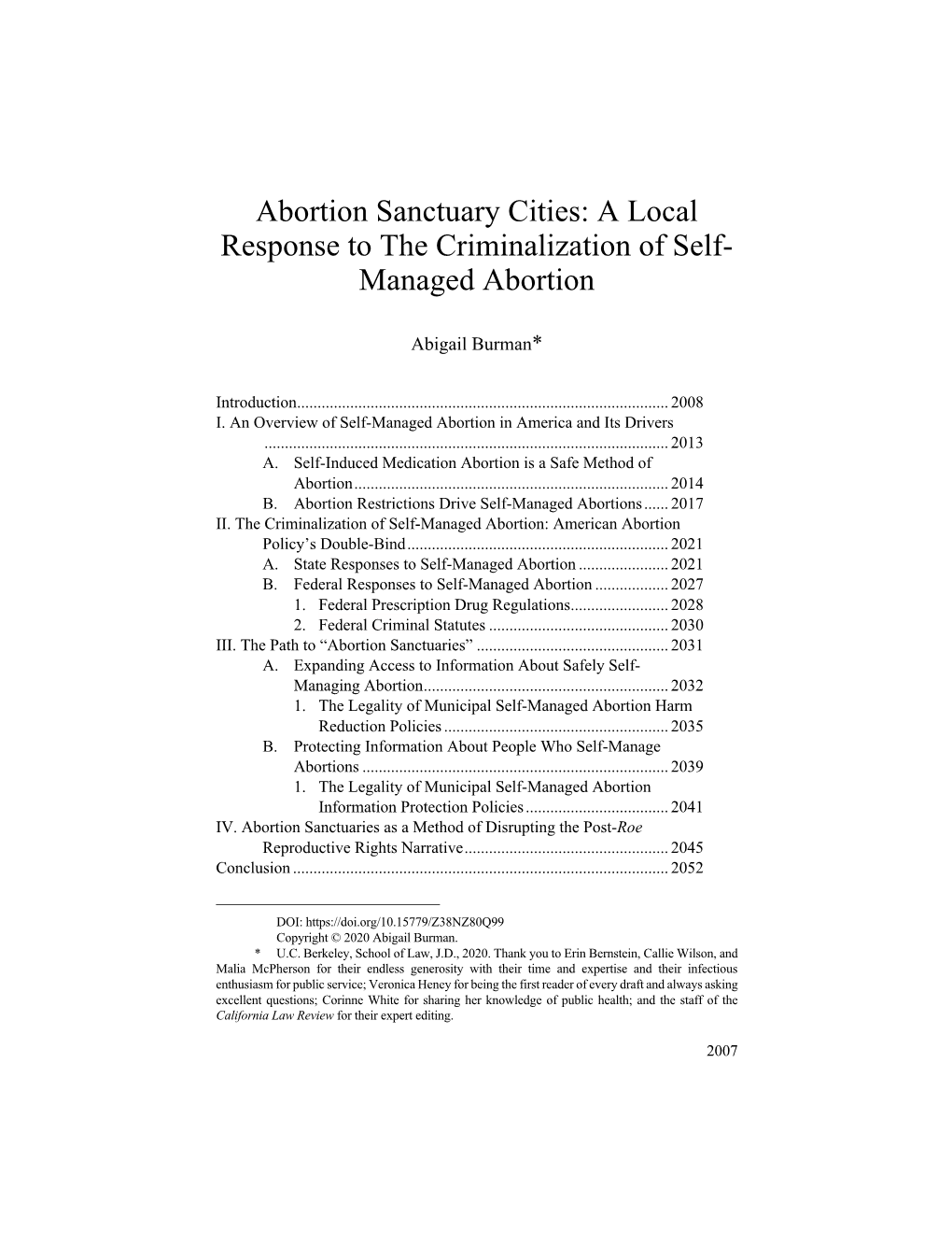 Abortion Sanctuary Cities: a Local Response to the Criminalization of Self- Managed Abortion
