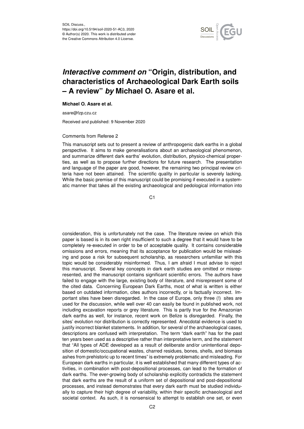 Interactive Comment on “Origin, Distribution, and Characteristics of Archaeological Dark Earth Soils – a Review” by Michael O