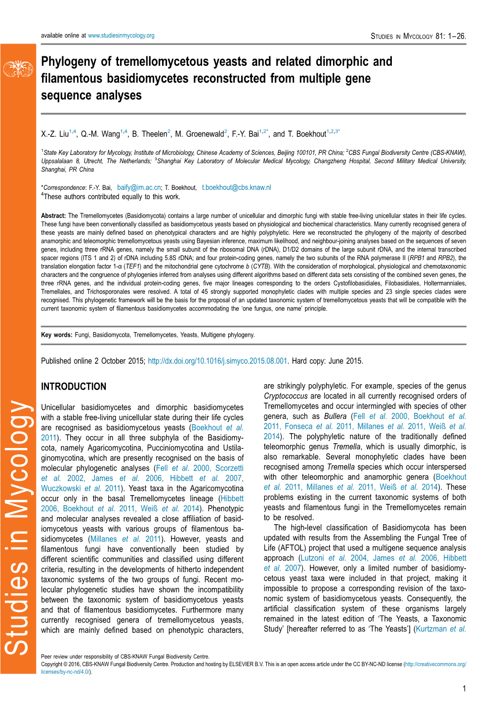 Phylogeny of Tremellomycetous Yeasts and Related Dimorphic and Filamentous Basidiomycetes Reconstructed from Multiple Gene Seque