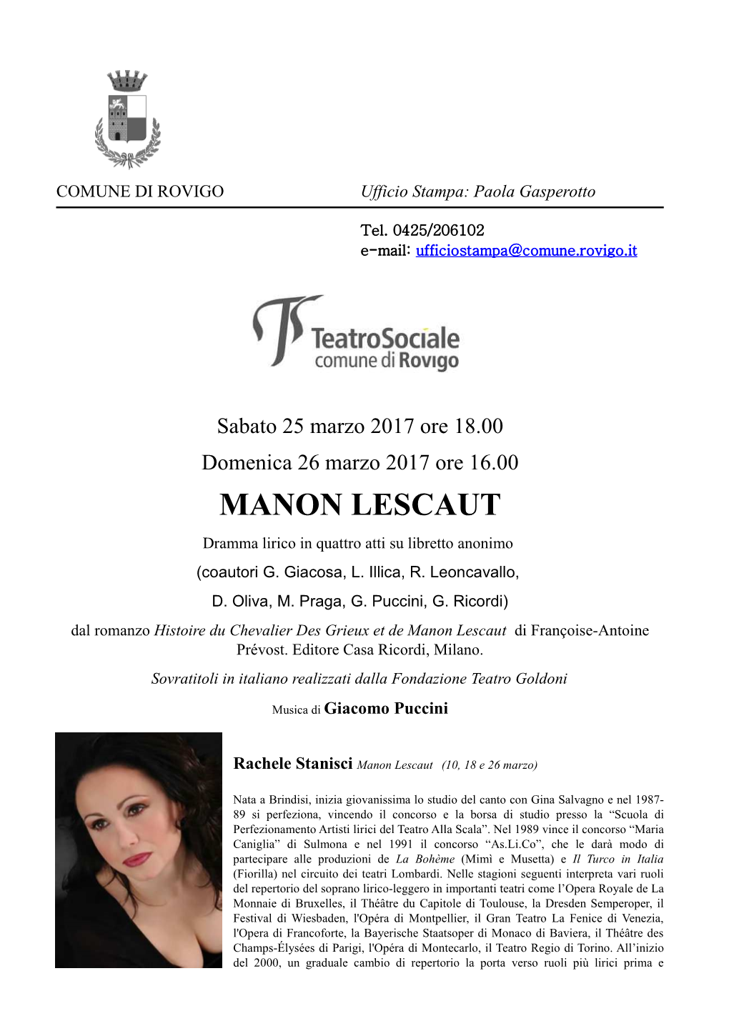 MANON LESCAUT Dramma Lirico in Quattro Atti Su Libretto Anonimo (Coautori G