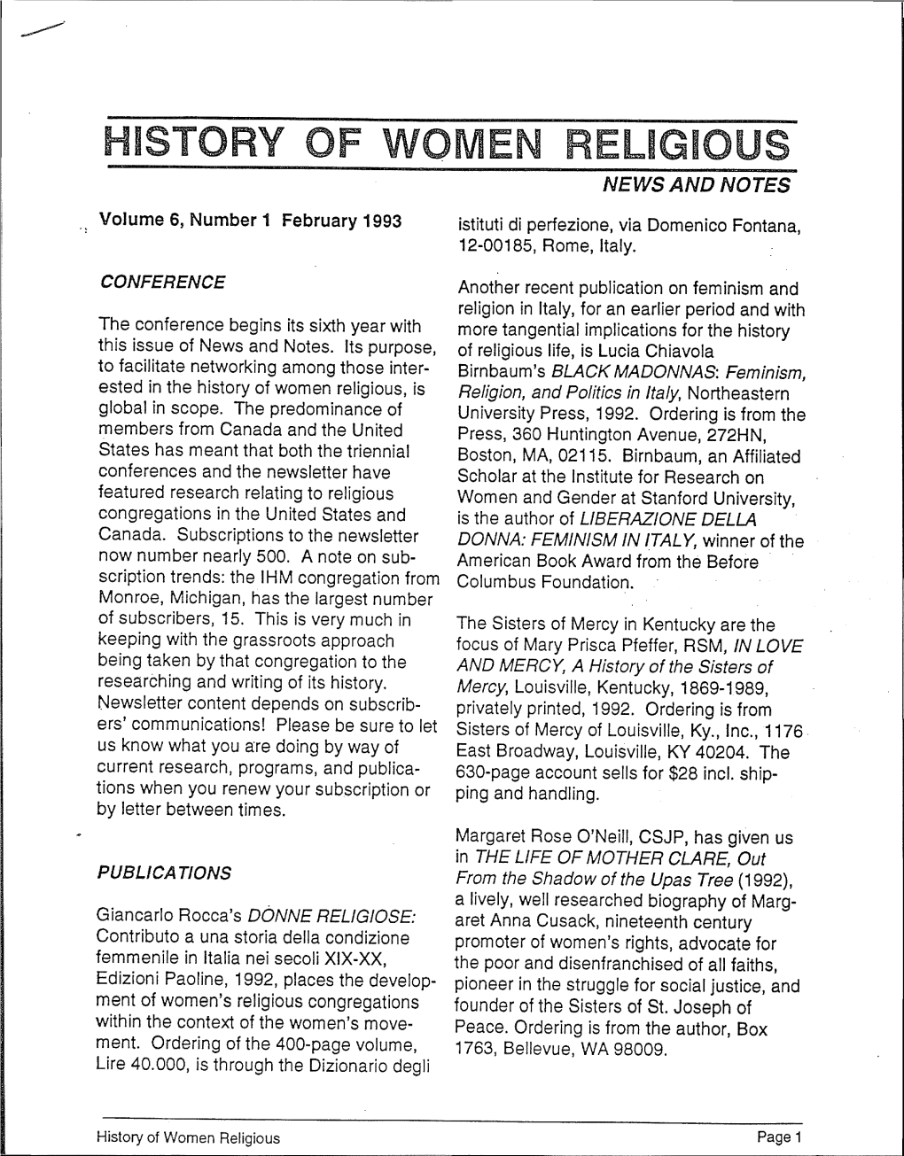 History of Women Religious, Is Religion, and Politics in Italy, Northeastern Global in Scope