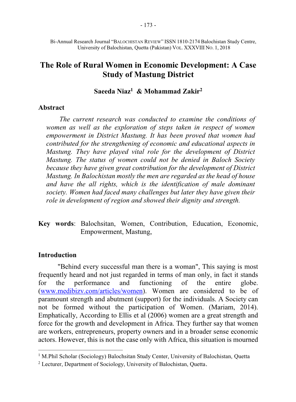 The Role of Rural Women in Economic Development: a Case Study of Mastung District