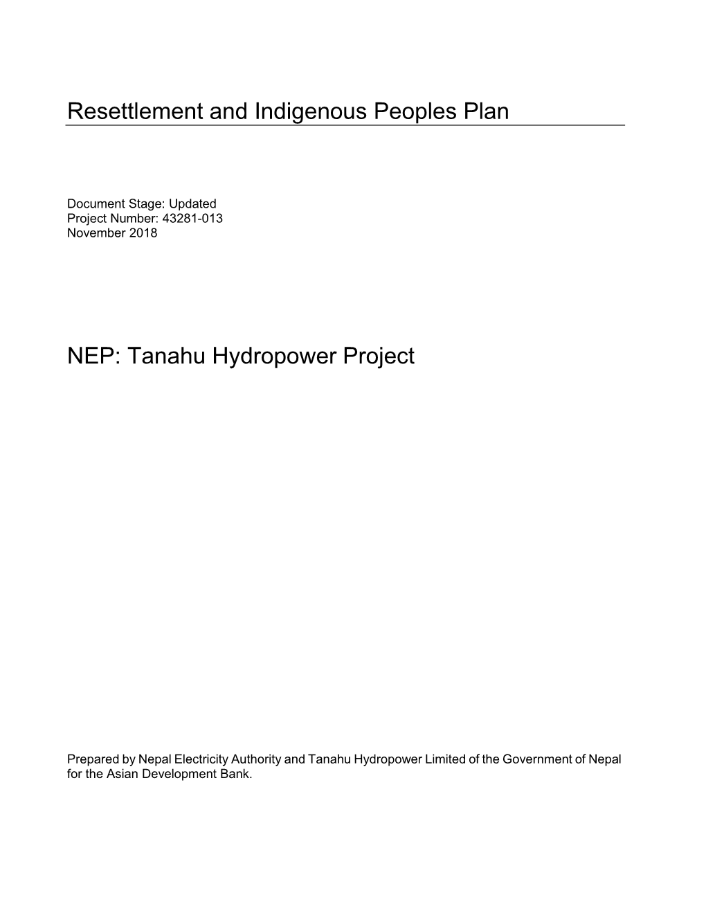 Resettlement and Indigenous Peoples Plan NEP: Tanahu Hydropower Project