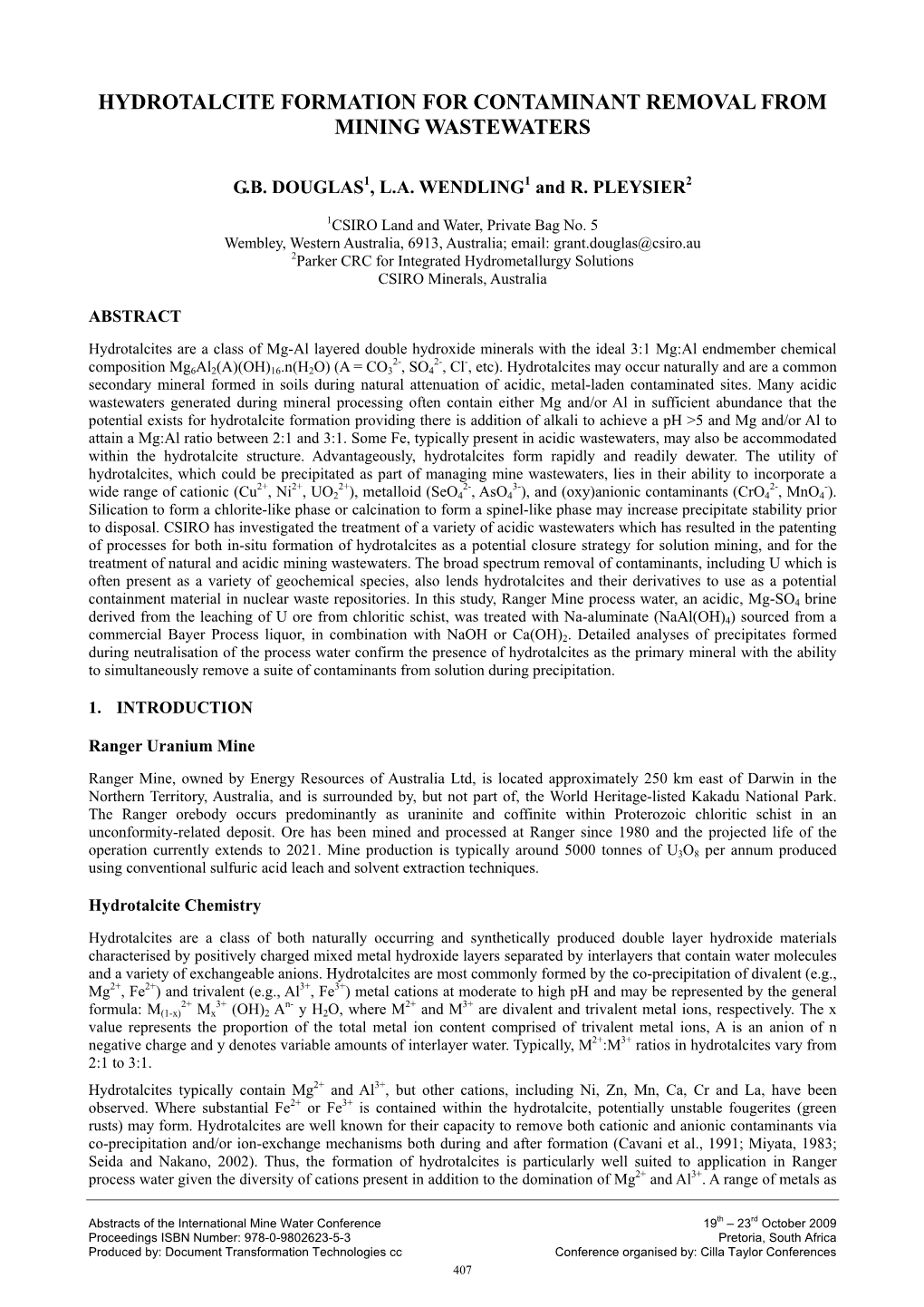 Hydrotalcite Formation for Contaminant Removal from Mining Wastewaters