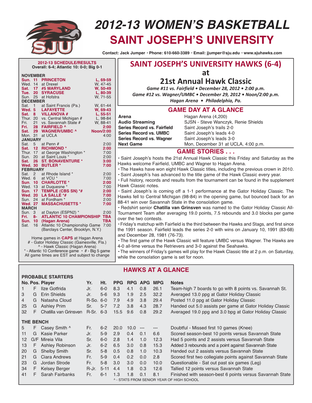 2012-13 WOMENʼS BASKETBALL SAINT JOSEPH’S UNIVERSITY Contact: Jack Jumper • Phone: 610-660-3389 • Email: Jjumper@Sju.Edu •