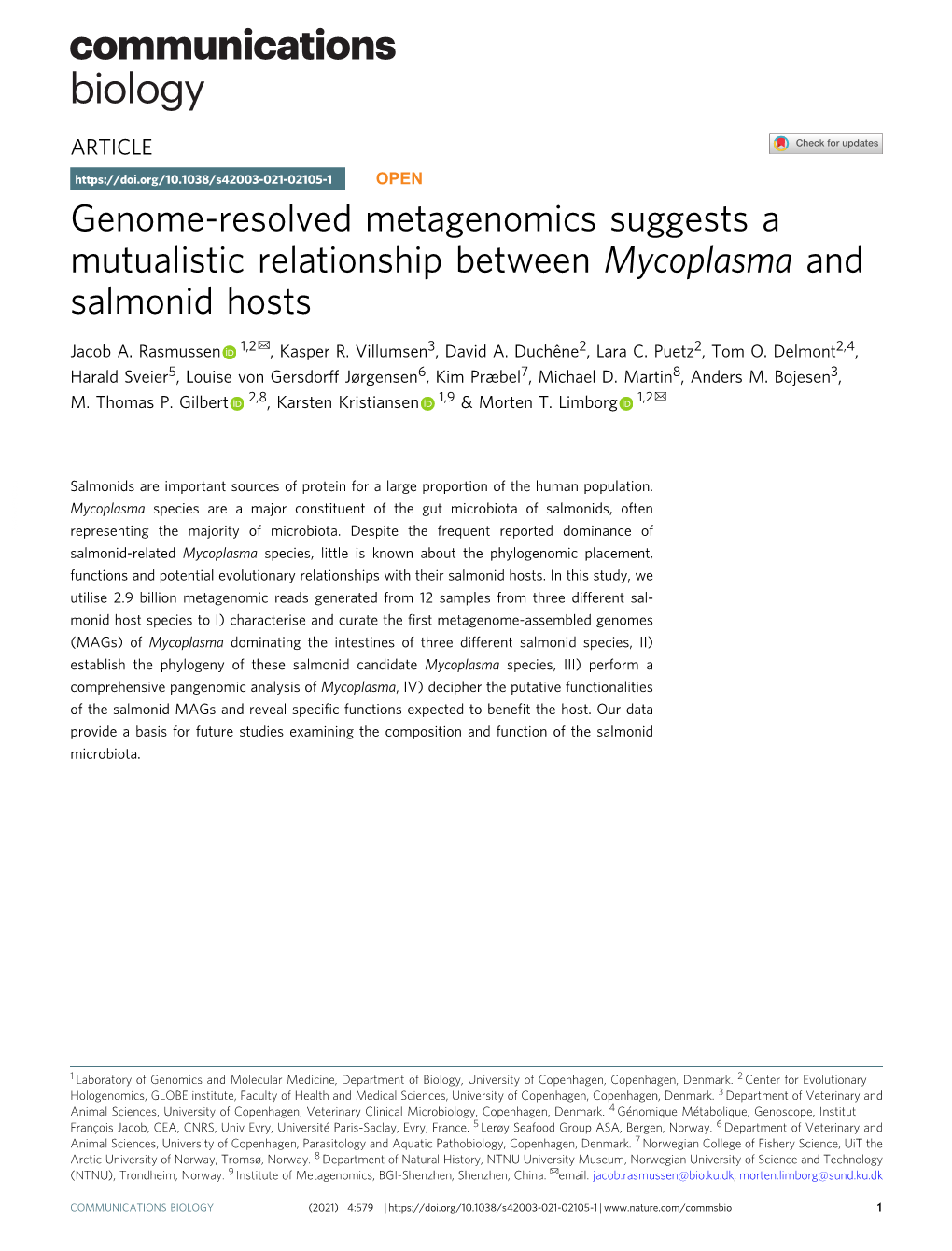 Genome-Resolved Metagenomics Suggests a Mutualistic Relationship Between Mycoplasma and Salmonid Hosts ✉ Jacob A