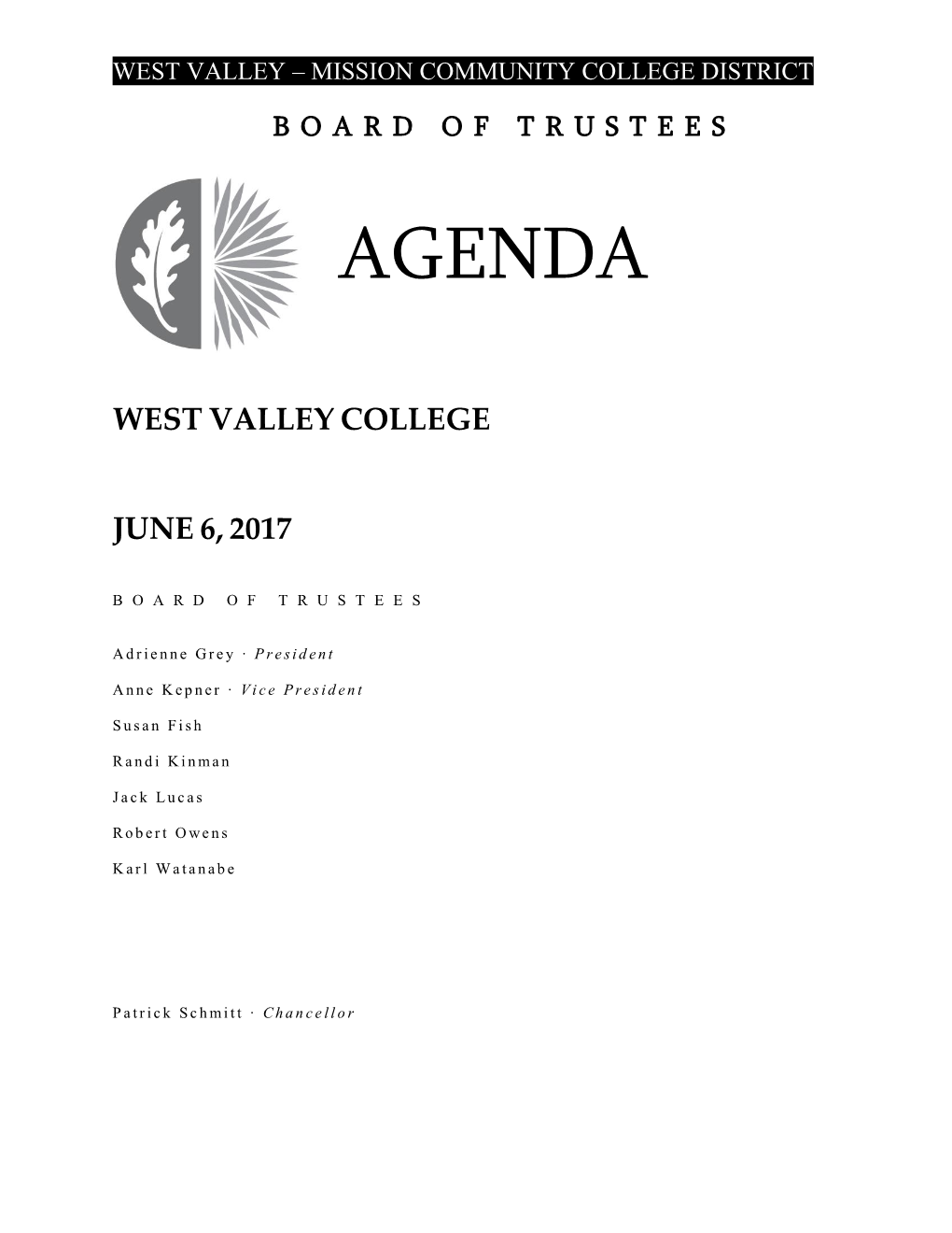 June 6, 2017,Board of Trustees Agenda