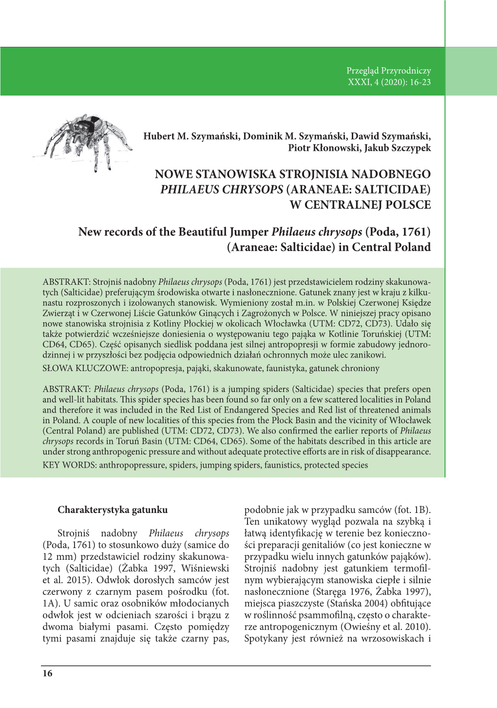 Araneae: Salticidae) W Centralnej Polsce