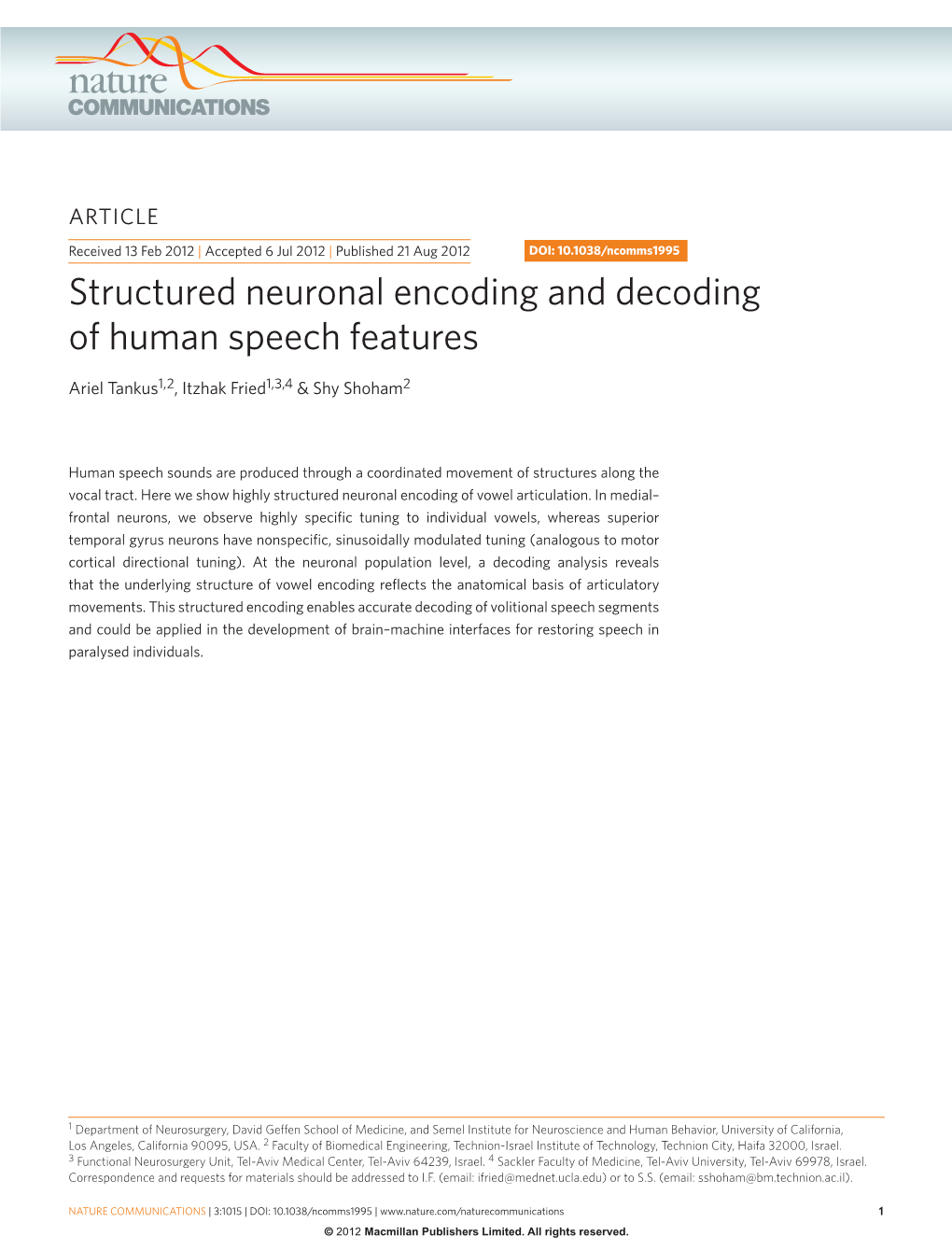 Structured Neuronal Encoding and Decoding of Human Speech Features